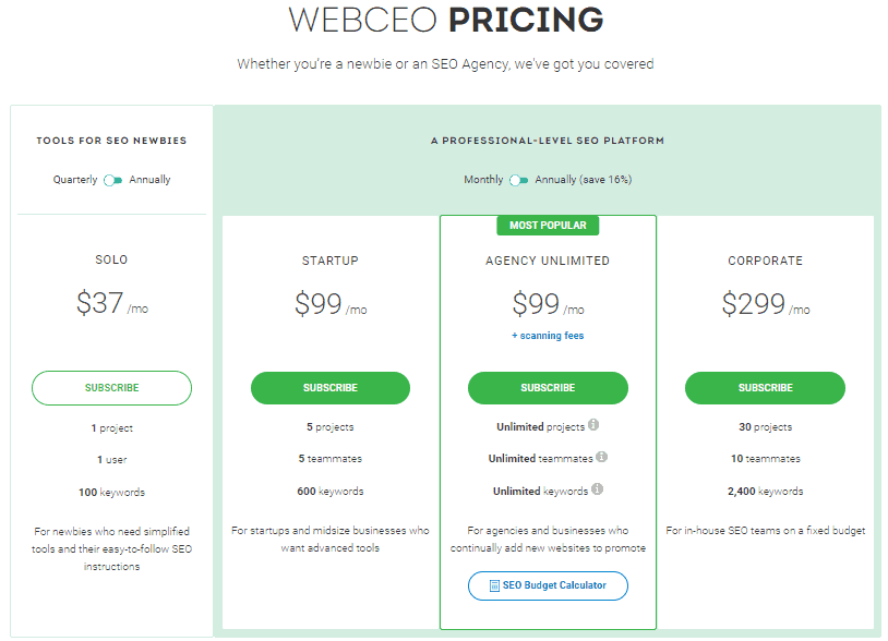WebCEO SEO software pricing