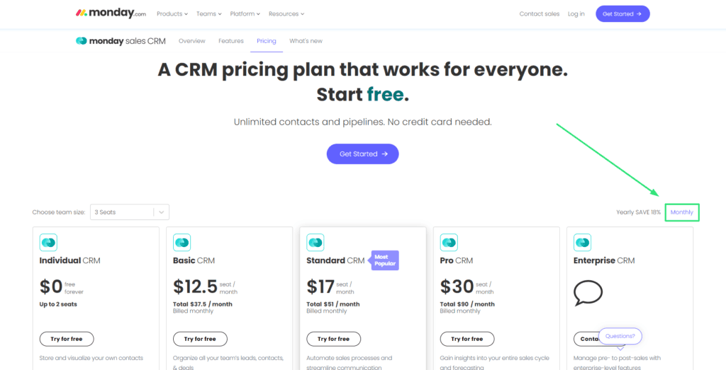 monday Sales CRM monthly pricing