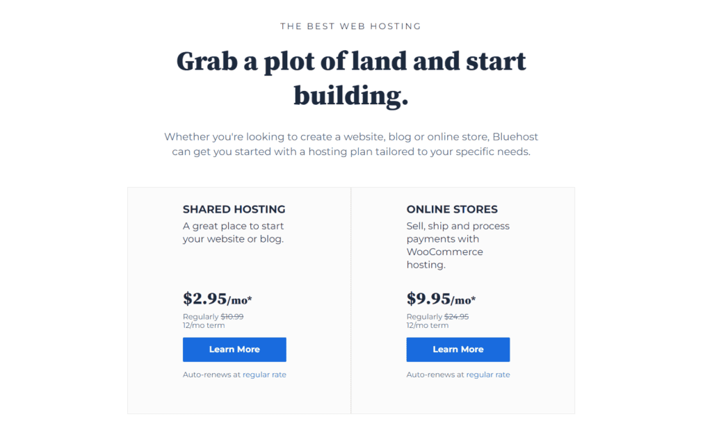 Bluehost blog hosting pricing